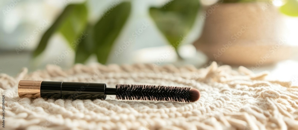 Poster black mascara wand lying on a light textured mat with blurred green plants in the background copy sp