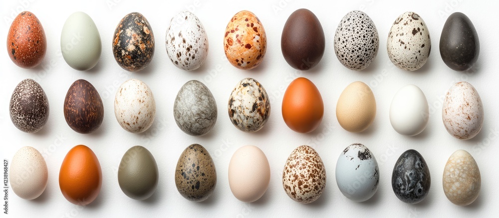 Aufkleber Variety of colored eggs arranged in rows on a white background with natural textures and patterns Copy Space