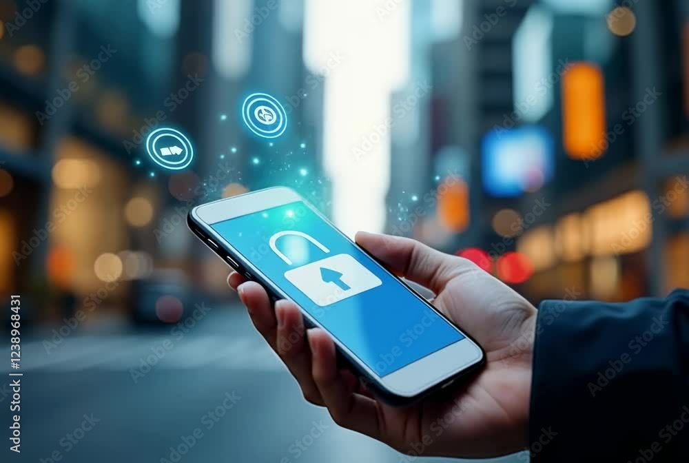 Aufkleber hand holding smartphone displaying unlocked screen with digital security icons in urban background s