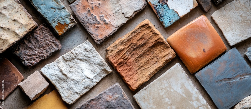 Poster multicolored textured stone tiles arranged in a random pattern with varying sizes and shapes suitabl
