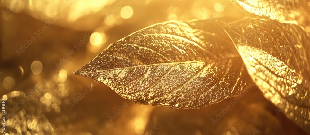 Poster golden illuminated leaves with intricate texture and soft bokeh background, nature close-up with war
