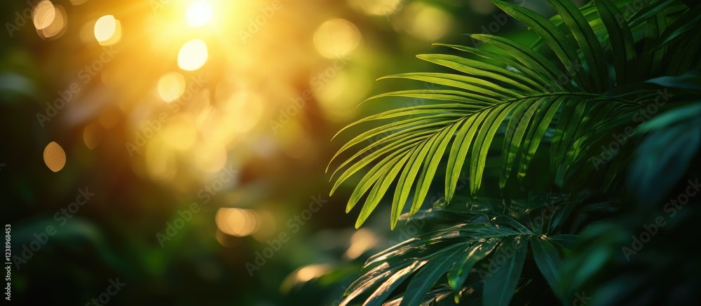 Poster lush green palm leaves illuminated by warm sunlight with a blurred background creating a natural bok