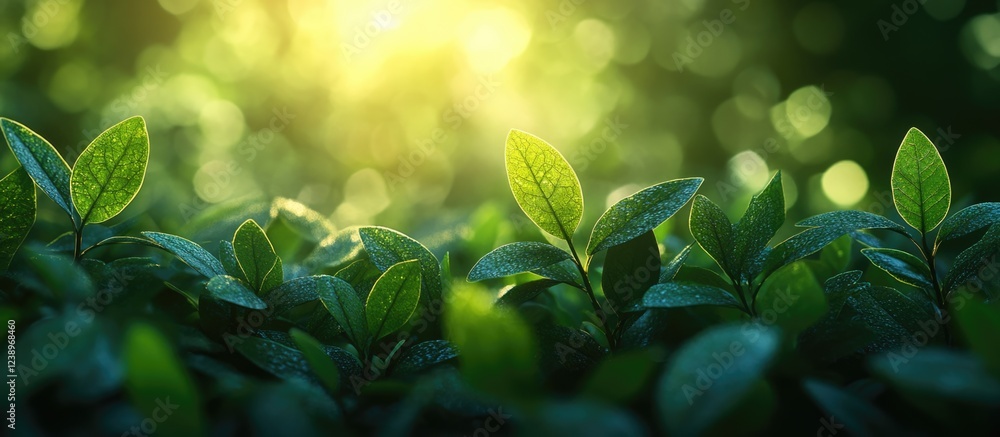 Poster Lush green leaves in sunlight with soft bokeh background natural foliage with copy space for text placement