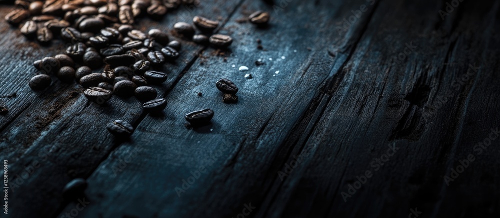 Poster coffee beans scattered on dark wooden surface with low lighting and shadows copy space