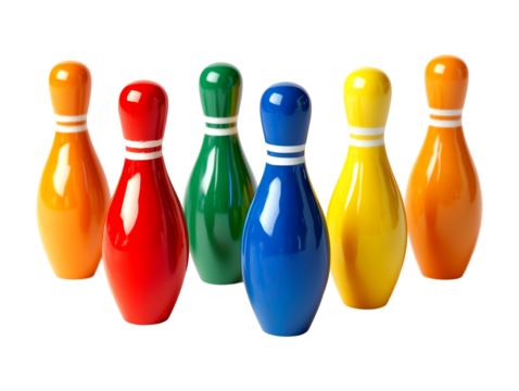 A set of six colorful bowling pins, arranged in a row against a transparent backdrop. Perfect for creating playful and vibrant visual content for games, sports, or leisure-related projects