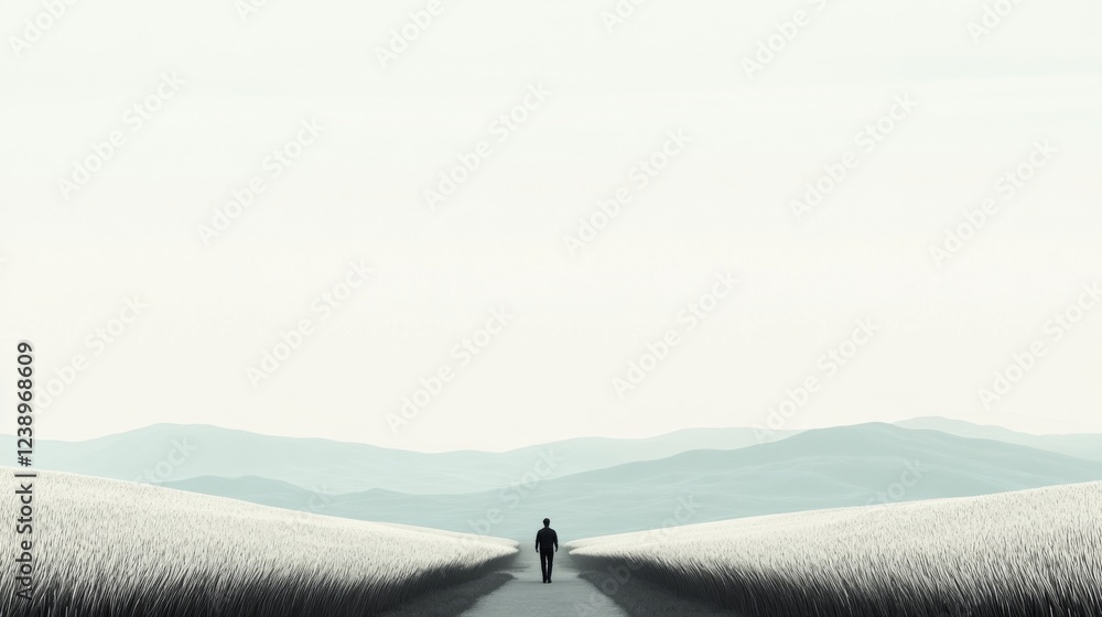 Poster man walking alone on a path through a field towards distant mountains