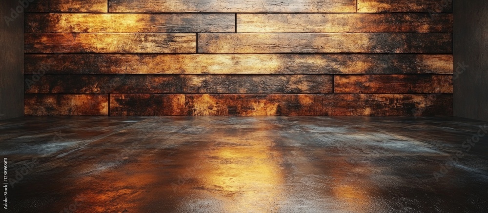 Poster textured wooden wall with reflections on a polished floor in a dimly lit environment copy space