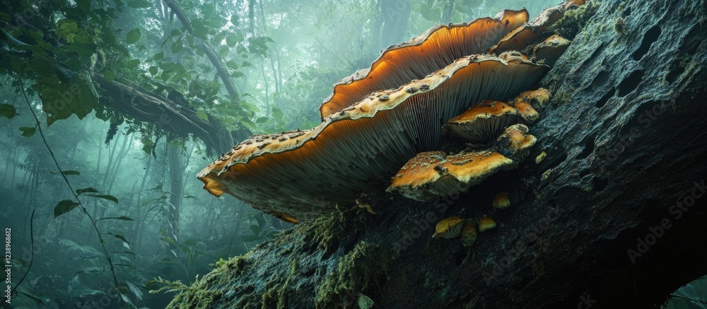 Poster Mushrooms growing on a tree trunk in a misty forest setting with greenery and soft lighting in the background with Copy Space