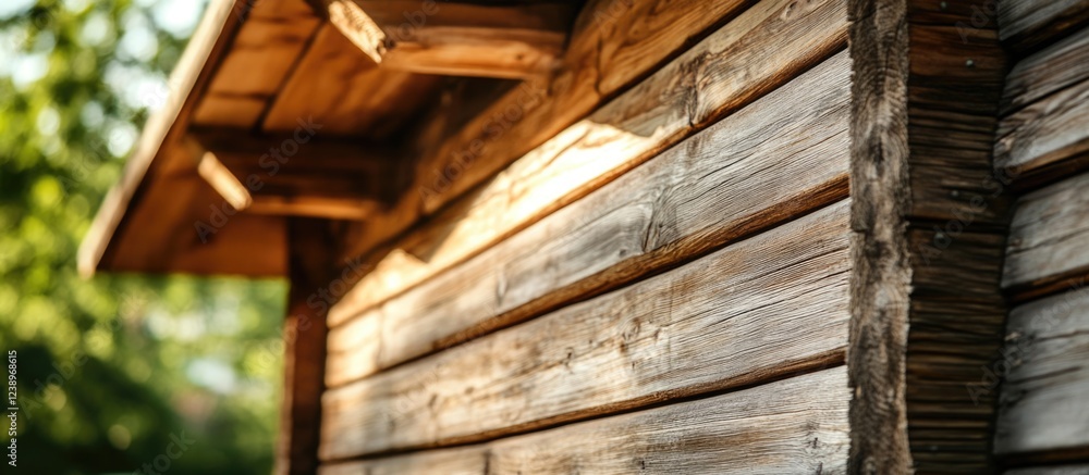 Poster wooden cabin wall texture with sunlight casting shadows and greenery in the background copy space