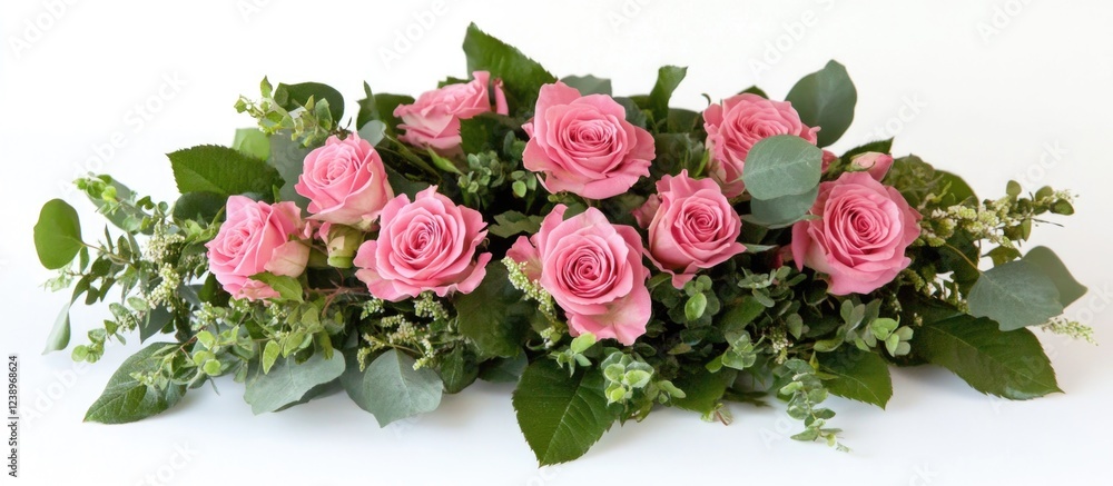 Poster pink roses arrangement with greenery on white background with copy space for text