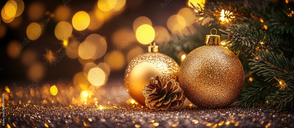 Poster festive decoration with golden christmas ornaments and pine cone on shimmering background with bokeh