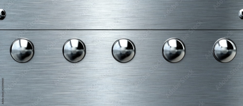 Poster brushed metal surface with round raised rivets in a row providing industrial background texture and 