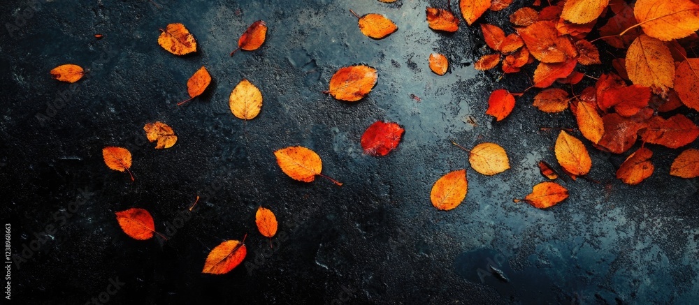 Poster Scattered autumn leaves in vibrant orange and yellow colors on a dark wet surface with copy space for text insertion