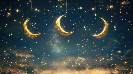 Naklejka premium Golden Moons and Stars Adorn a Night Sky