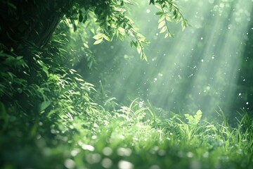Fototapeta premium Green trees tower above, allowing beams of sunlight to illuminate the wild grass below in a tranquil forest atmosphere