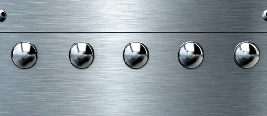 Brushed metal surface with round raised rivets in a row providing industrial background texture and design, Copy Space