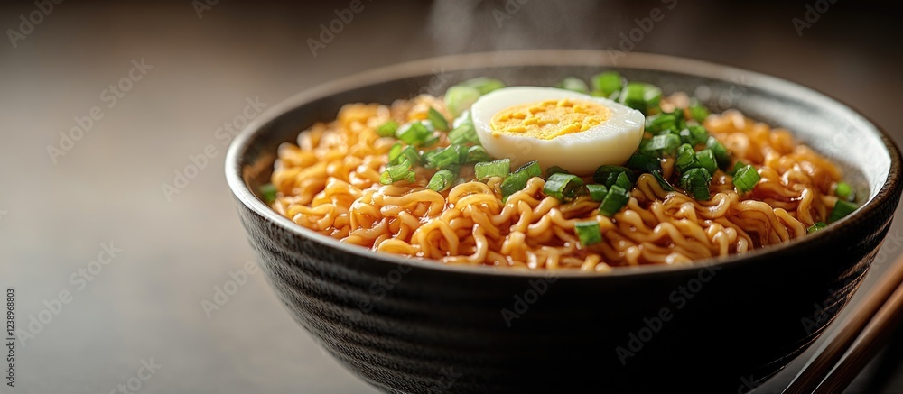 Poster bowl of noodles topped with green onions and sliced boiled egg on a wooden table with steam rising a