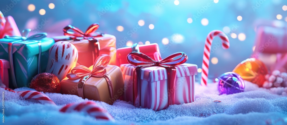 Poster colorful christmas presents and ornaments on snow with candy canes in a festive setting and soft blu