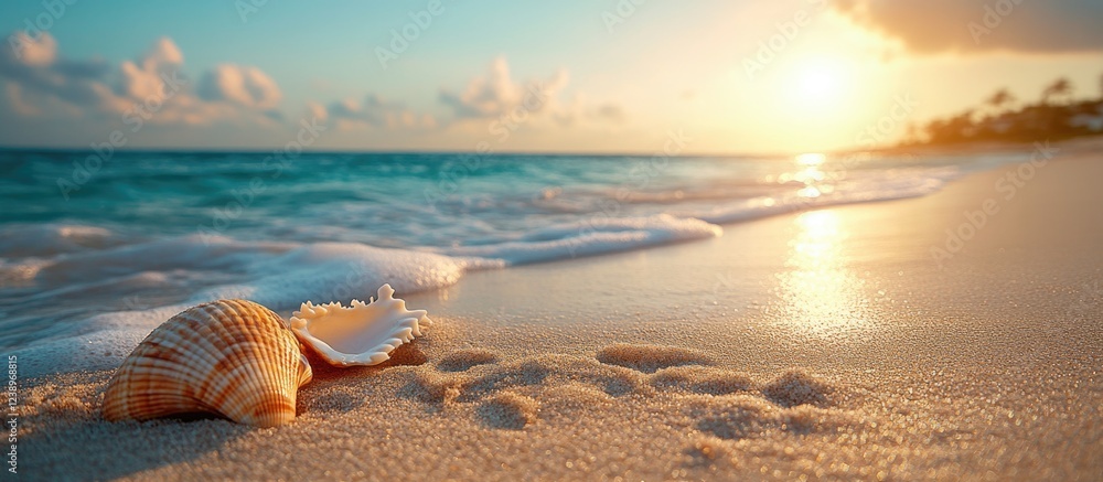 Poster seashells on sandy beach at sunrise with gentle waves and soft clouds providing tranquil coastal sce