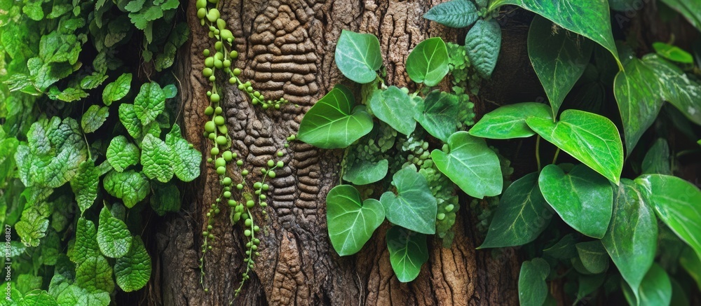 Poster close-up of various green leaves and vines growing on a textured tree trunk with natural lighting co