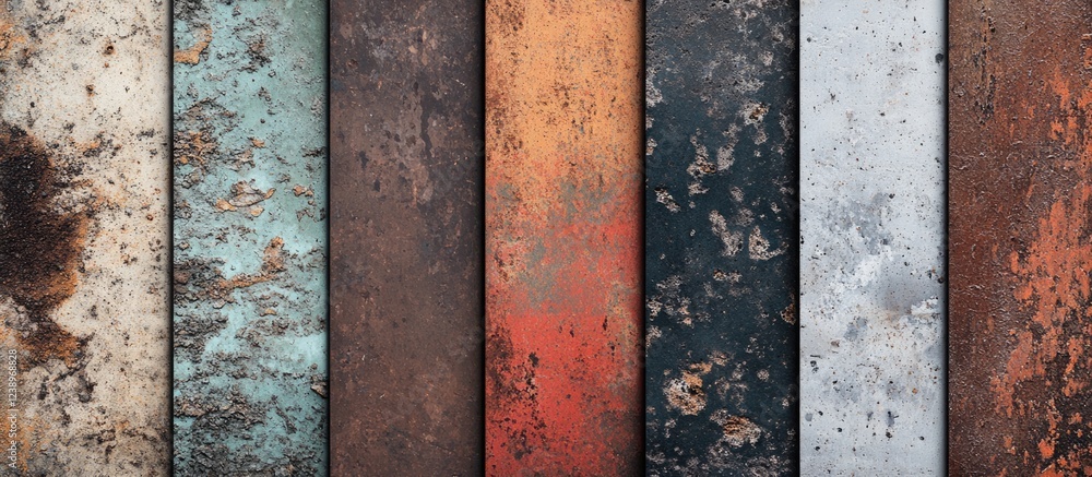 Poster various textured metal panels with rust and patina in an organized arrangement suitable for industri
