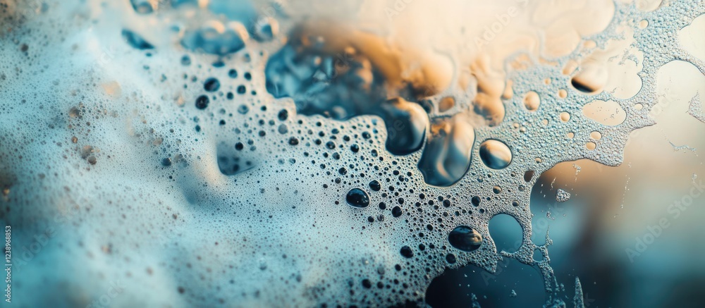 Poster abstract close-up of colorful soap bubbles with water droplets and light reflections on a blurred ba