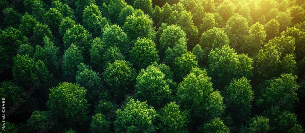 Poster aerial view of lush green forest with sunlight filtering through treetops copy space