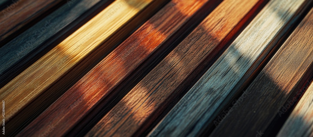 Aufkleber Wooden planks with different colors and textures illuminated by natural light with shadow patterns and Copy Space
