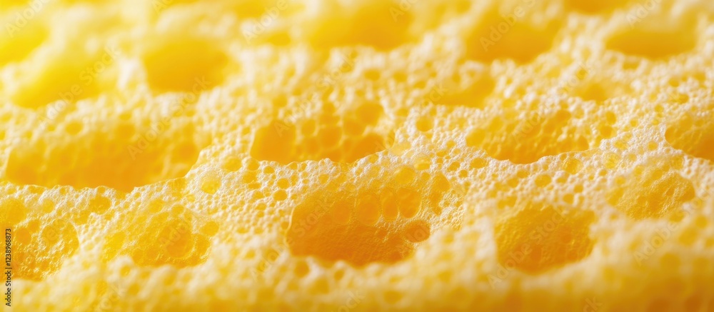 Poster close-up view of a yellow sponge with visible pores and bubbles on a textured surface copy space
