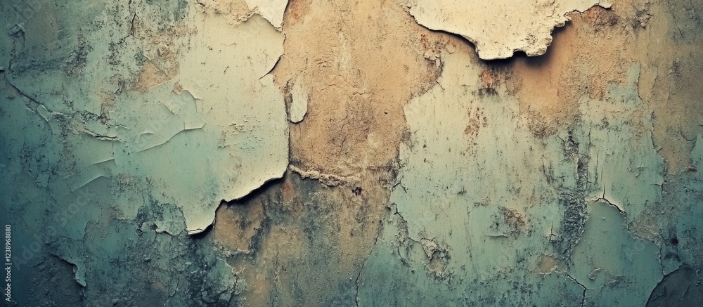Poster textured close-up of old peeling paint on weathered wall surface with various color layers and natur
