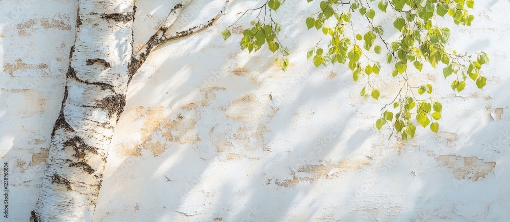 Poster Birch tree with green leaves against weathered white wall texture and soft shadow patterns Copy Space