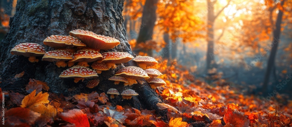 Poster mushrooms growing on tree trunk in autumn forest with colorful fallen leaves and warm sunlight filte