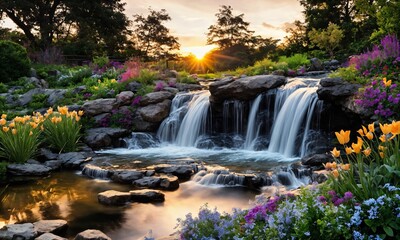 Obraz premium Sunset Over a Waterfall in a Garden with Rustic Wooden Bridges – Picturesque Landscape Design for a Cozy Nature Retreat