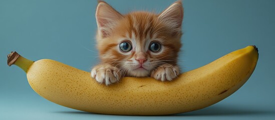 Cute ginger kitten resting on a yellow banana against a blue backdrop with copy space for text