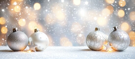 Festive Christmas ornaments on snow with bokeh lights in background and copy space for holiday themed design elements