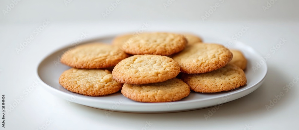 Poster Homemade cookies arranged on a round white plate against a neutral background with Copy Space for text placement