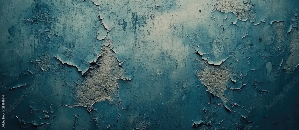 Poster peeling blue paint on a textured wall showing damage and wear with a gritty surface pattern and copy