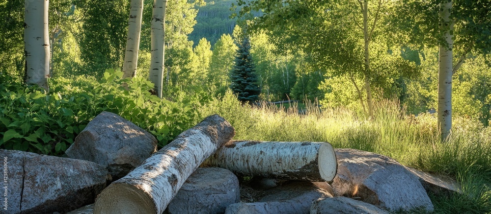 Poster forest landscape with logs and rocks surrounded by vibrant greenery and aspen trees in a natural set