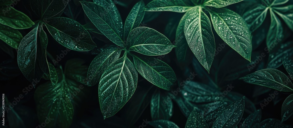 Poster Green leaves with water droplets on a dark background creating a textured natural backdrop with Copy Space