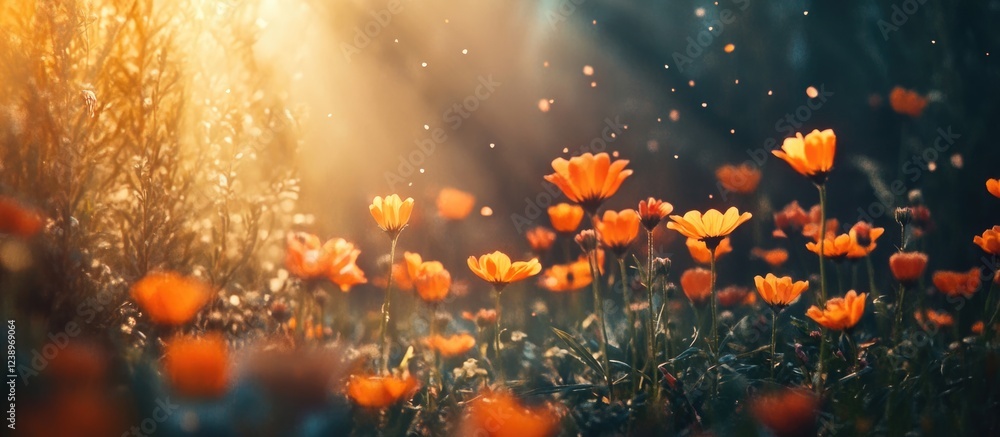 Poster orange flowers blooming in sunlight with soft bokeh effect and glowing particles in a natural settin