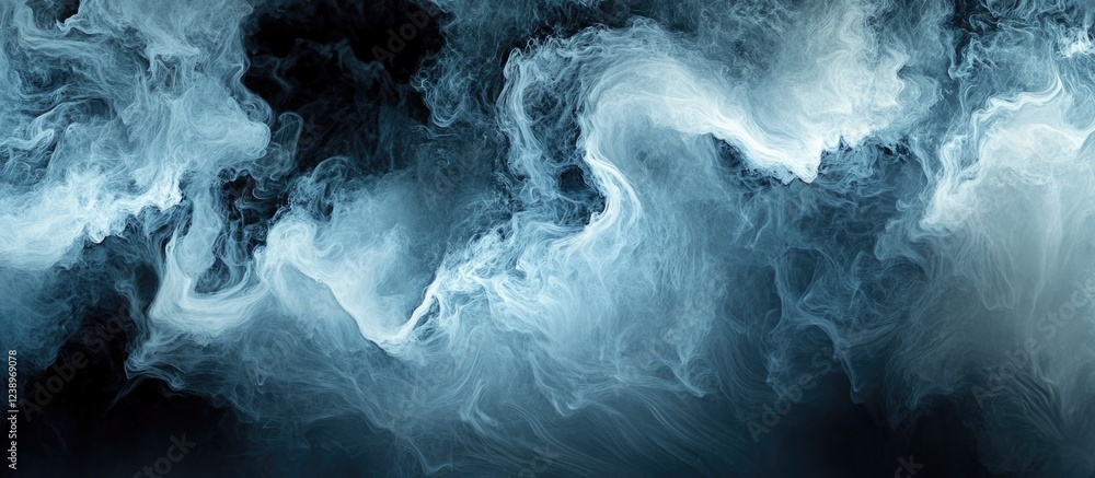 Poster abstract swirling smoke or fog in shades of blue and white on a dark background suitable for backgro