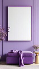 Blank picture frame mock up, Elegant purple frame empty white canvas hanging on the wall, minimal mockup frame on purple clean wall, modern interior, wall art presentation template, Picture frame
