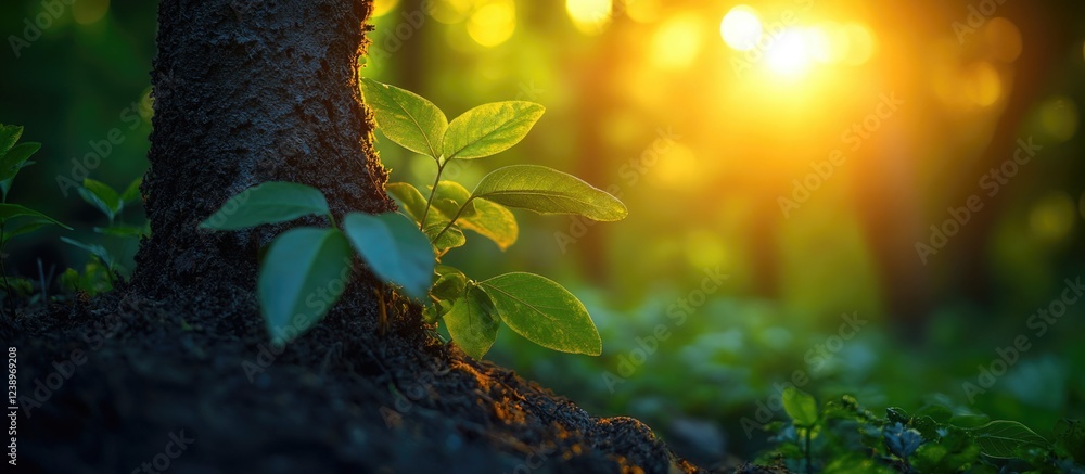 Poster Sunlight filtering through trees illuminating green leaves at the base of a tree trunk in a forest setting Copy Space