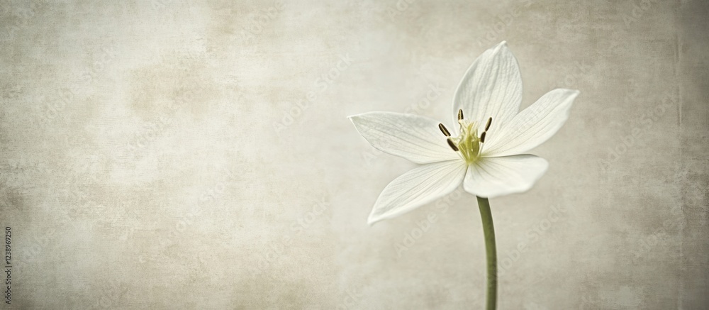 Poster white flower isolated on neutral textured background with soft light and subtle details, ideal for n