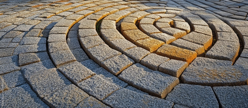 Poster Stone pavement with spiral pattern in warm morning light showing texture and shadows Copy Space