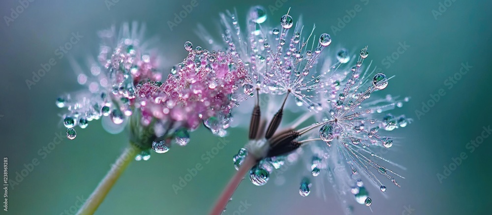 Poster Close-up of delicate dandelion seeds with water droplets on a soft blurred background Copy Space