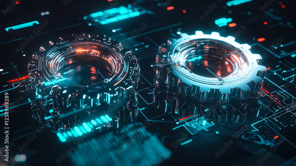 Poster Two metallic gears rest on a glowing circuit board, surrounded by blue and red lights that represent modern technology concepts