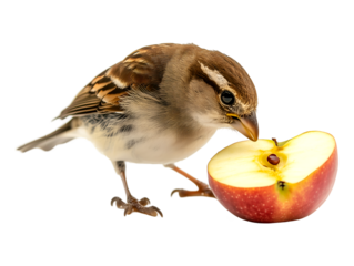 Sparrow enjoying a slice of red apple isolated on transparent background, PNG, cut out