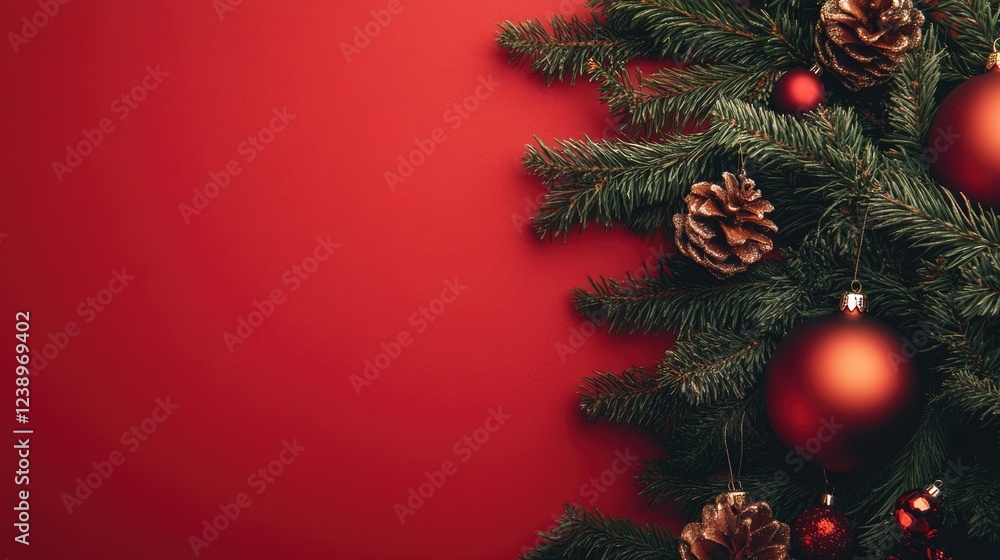 Poster christmas tree branches with ornaments and pine cones on red background with copy space for text.