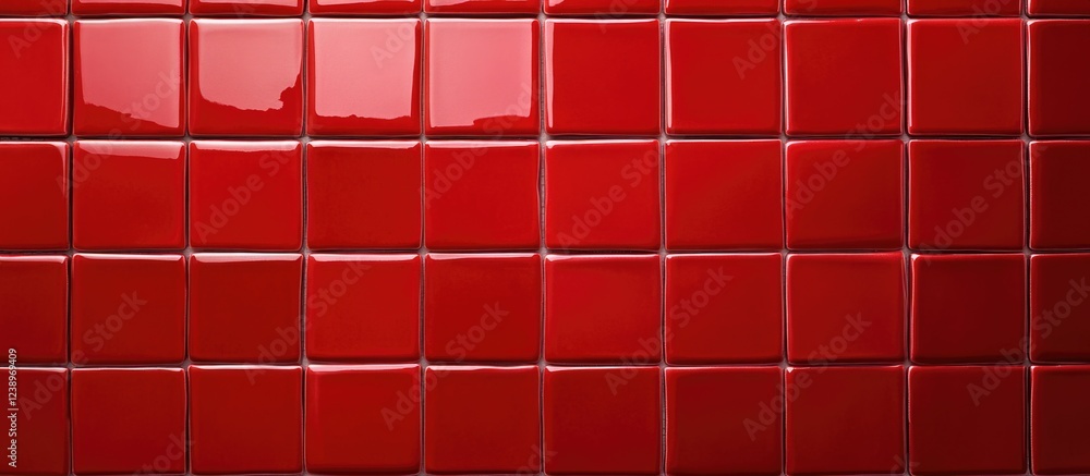 Poster glossy red ceramic tile wall background with square tiles arranged in a uniform pattern featuring re